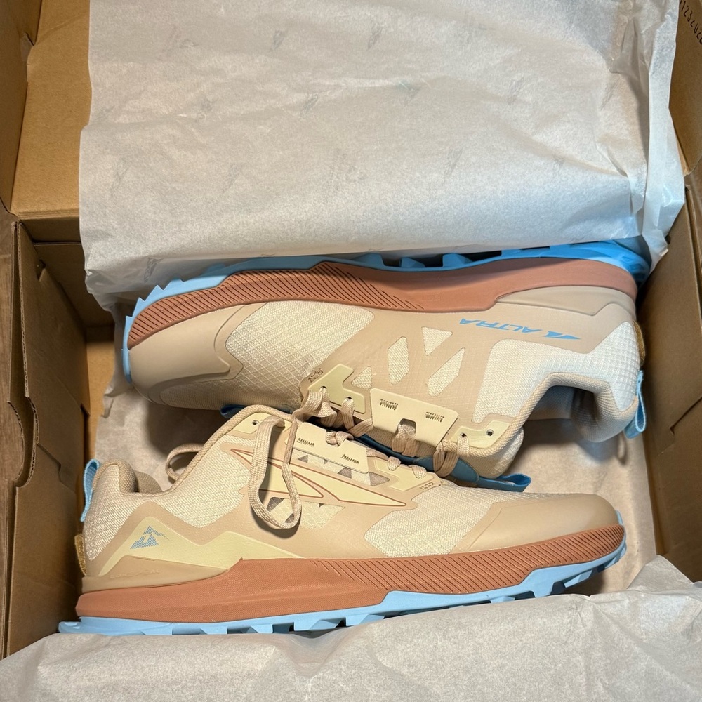 Altra Tan and Light Blue Trail Shoes